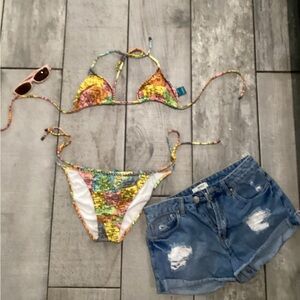 Sandy Bottoms Multicolor Bikini Set with map print bottom med top xsmall